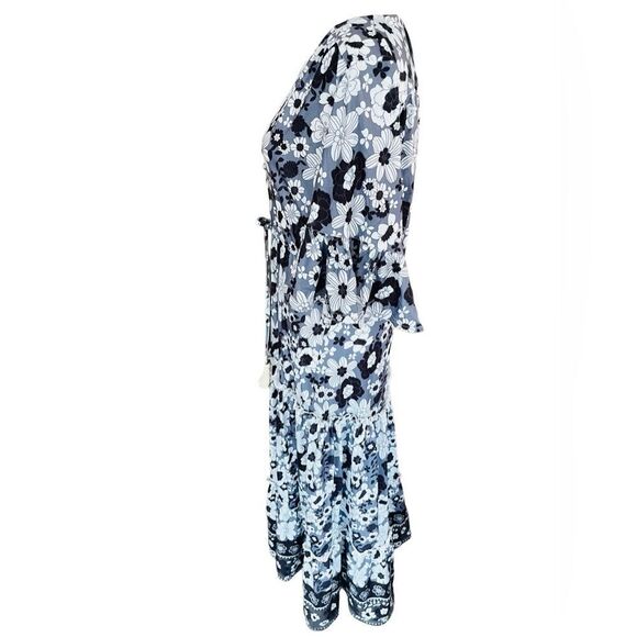 MAHLI the Label black/white/gray floral button front drawstring tie maxi size S - Picture 6 of 11